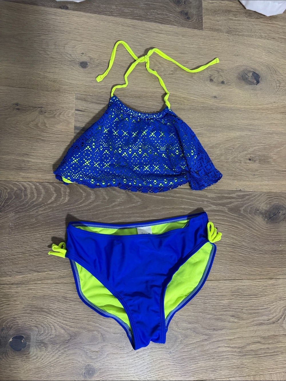 Circo Blue & Neon Yellow Girls' Crochet Two-Piece Swim Set
